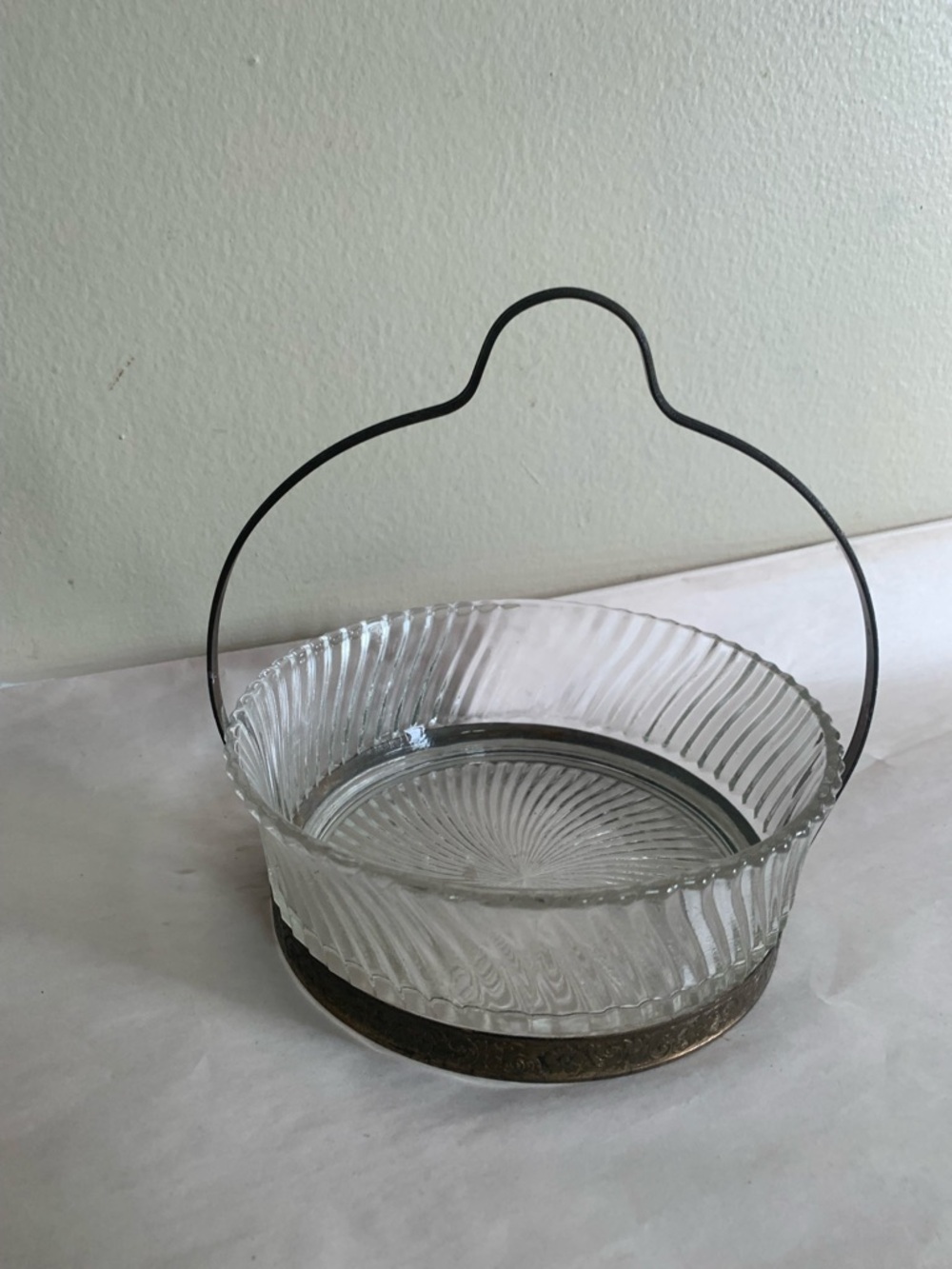 Vintage Ribbed Swirl Glass Basket w/ Brass Handle Trim | Mid-Century Candy Dish